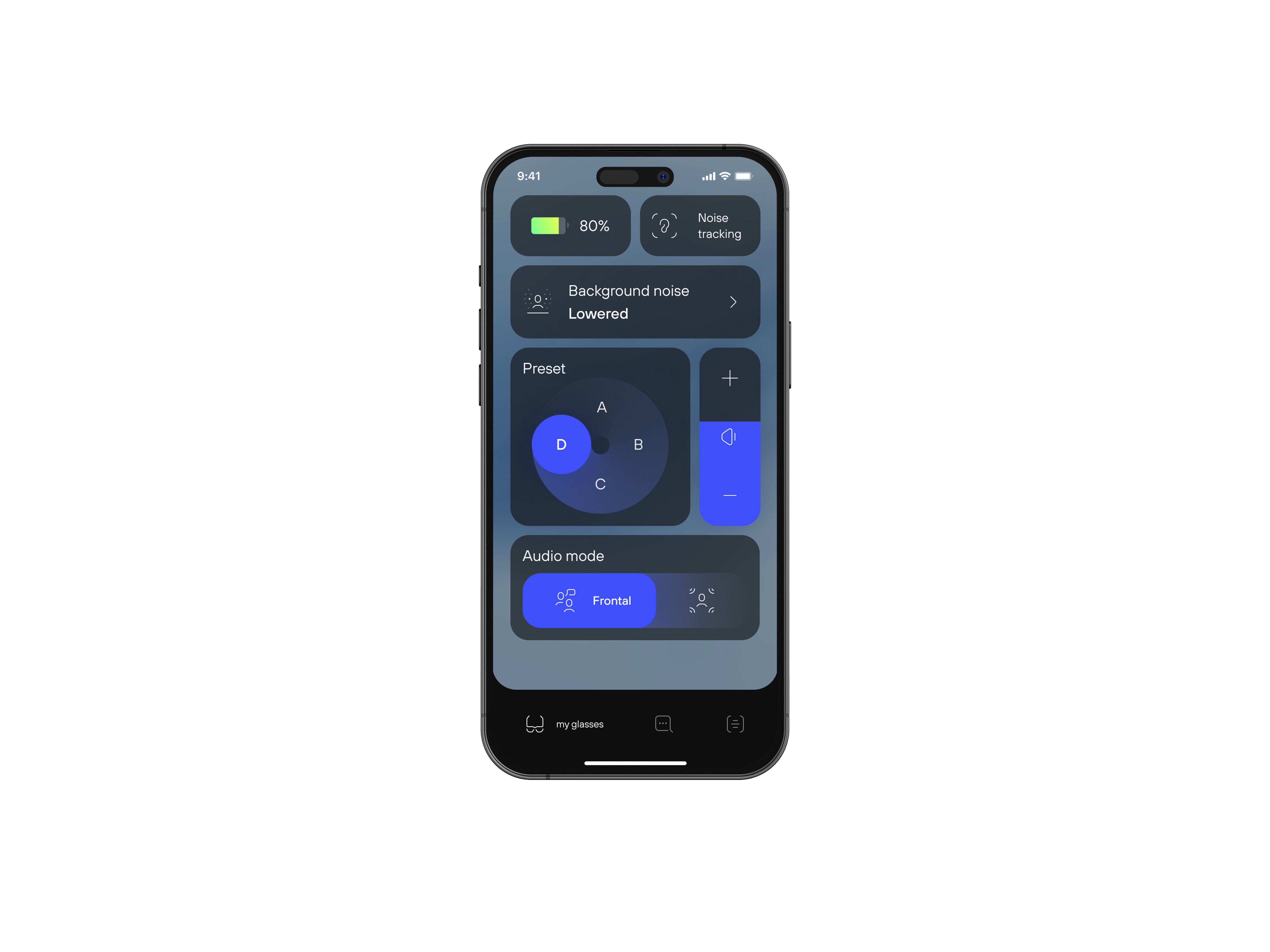 Nuance Audio app on iPhone showing hearing controls, noise presets and audio modes